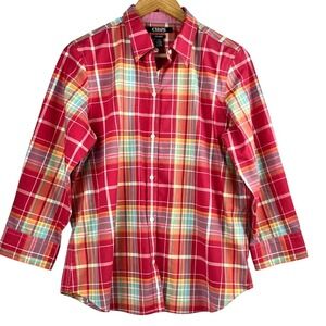 Chaps Women's Sz Large NO IRON Multicolor Plaid Collared Long Sleeve Button Top